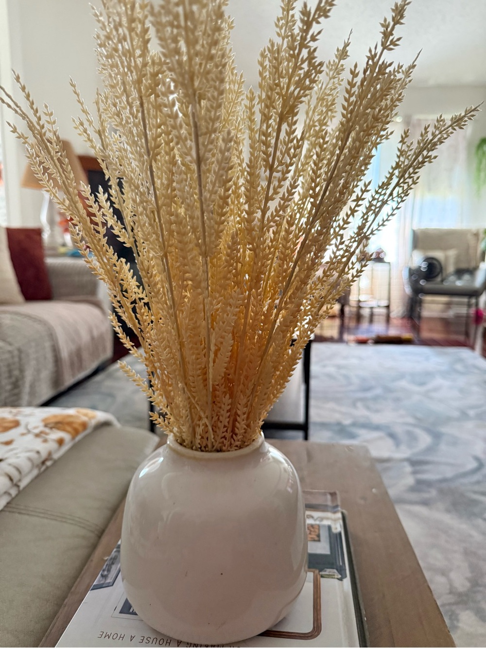 Creamy Faux Fodder Grass Arrangement in White Bud Vase